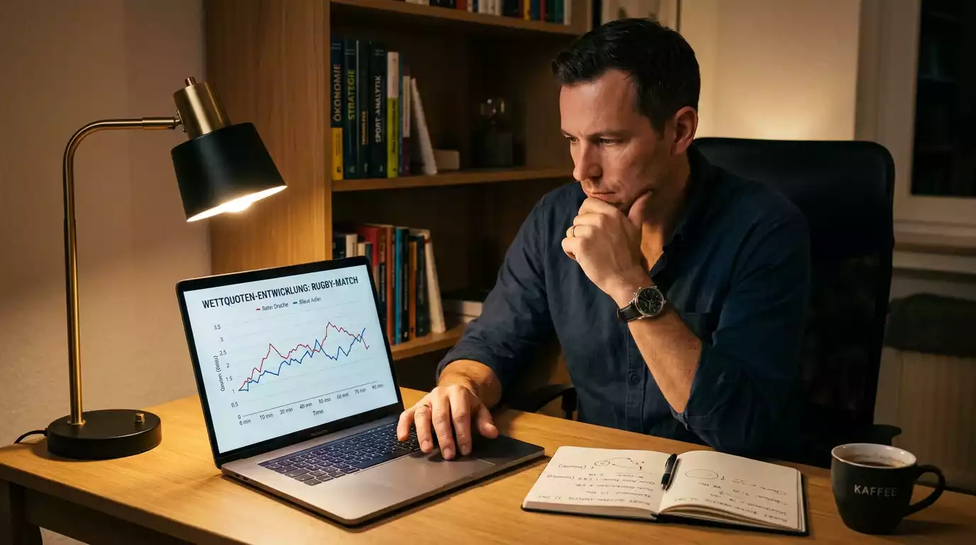 Person analysiert Dezimalquoten eines Rugbyspiels am Laptop
