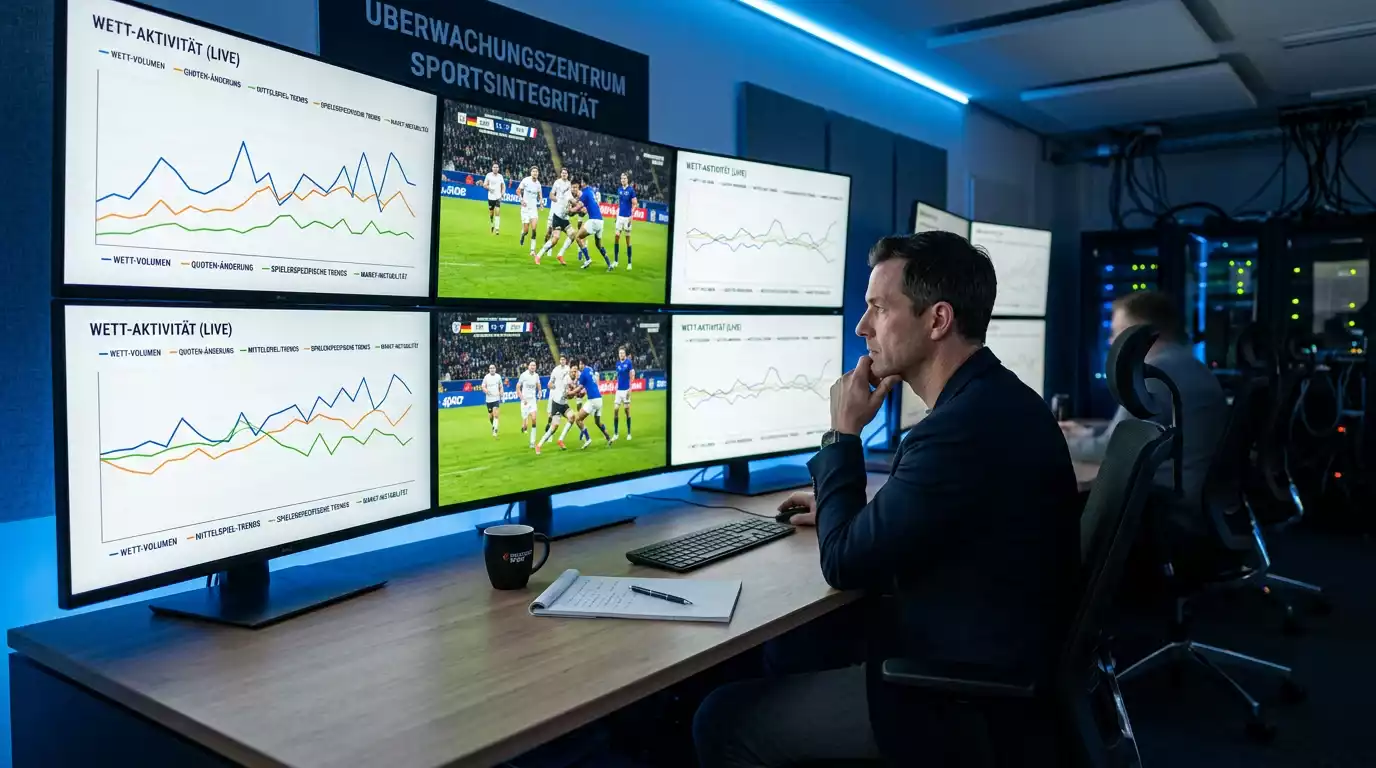 Kontrollraum mit Bildschirmen zur Überwachung von Wettmustern und Spielintegrität im Rugby