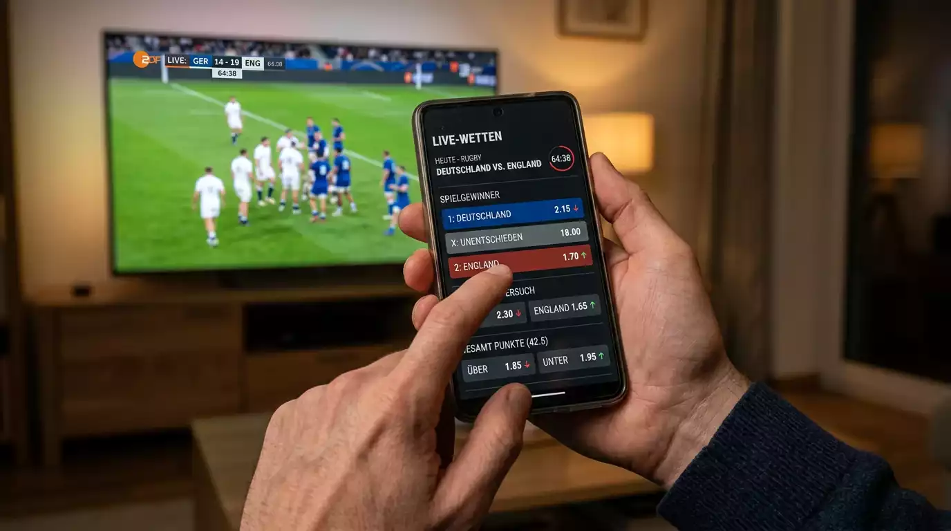 Live-Wetten-Oberfläche auf einem Smartphone während eines Rugby-Union-Spiels mit sich ändernden Quoten