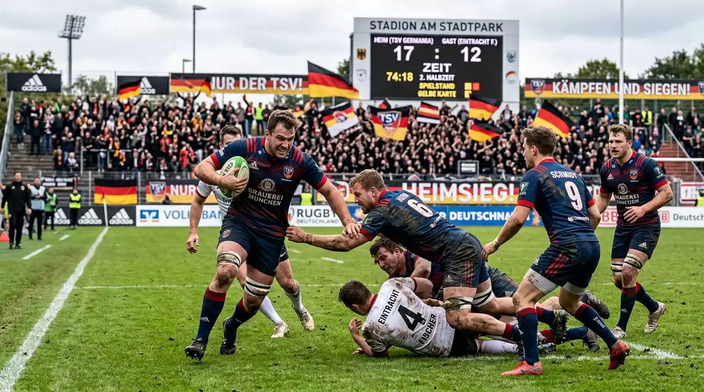 Rugby-Union-Mannschaft drückt im Stadion auf die gegnerische Linie und erzeugt Spielmomentum