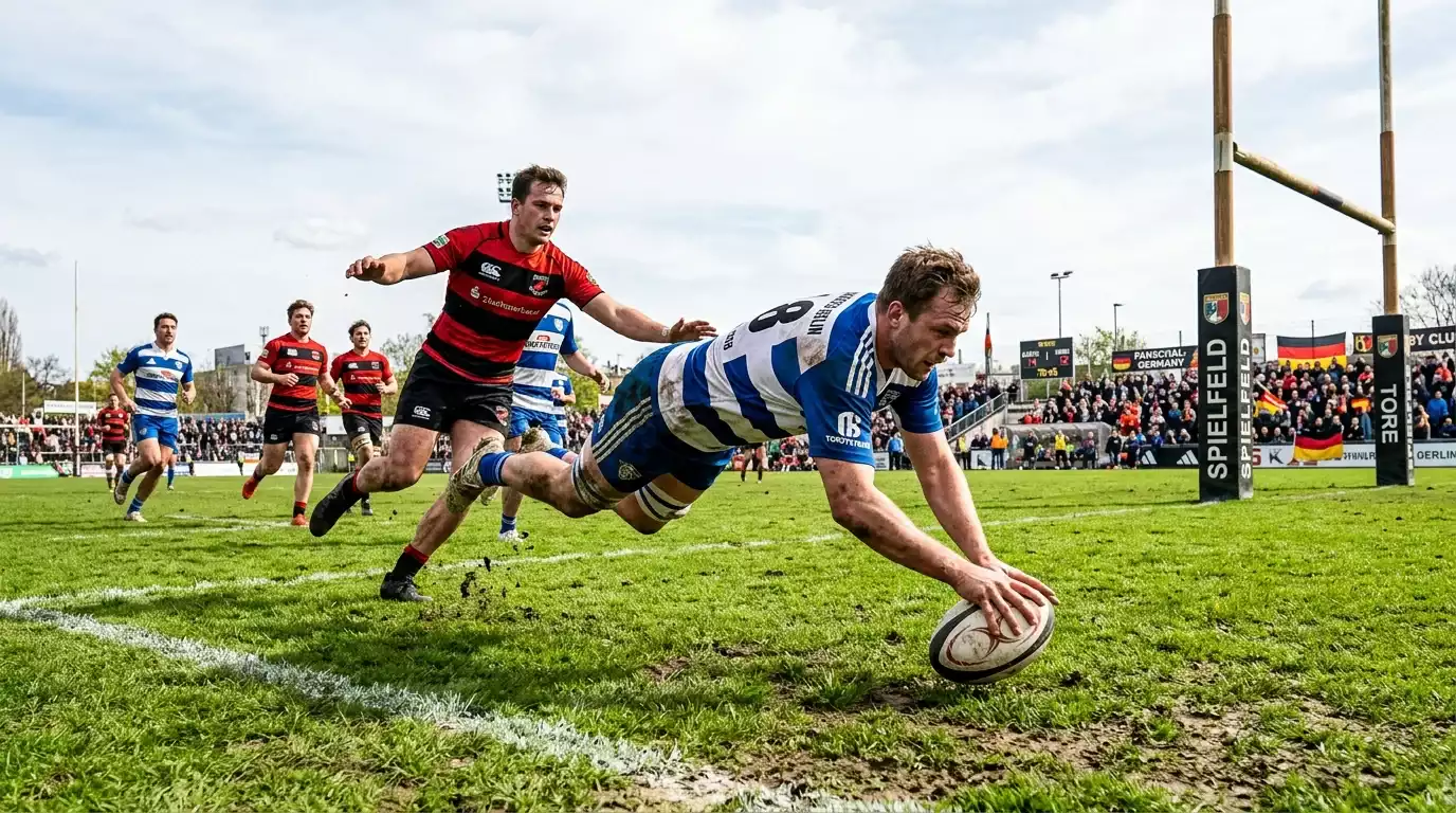 Rugby-Union-Spieler legt den Ball für einen Versuch in der Endzone ab