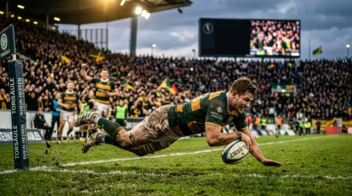 Rugby-Union-Spieler beim Versuch, dazu eine Live-Quotenanzeige für In-Play-Wetten in der Schweiz