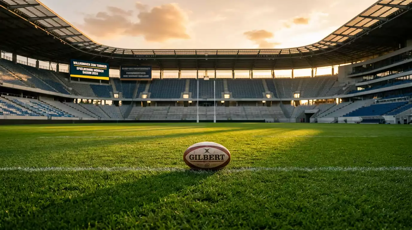 Rugbyball auf dem Spielfeld eines Stadions als Ausblick auf kommende Weltturniere