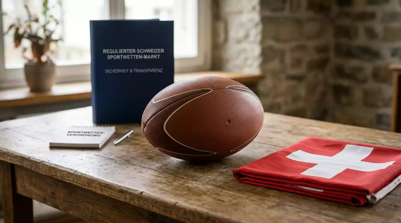 Schweizer Flagge und Rugbyball als Sinnbild für den regulierten Sportwettenmarkt der Schweiz