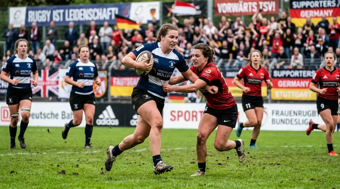Spielerinnen während eines Frauen-Rugby-Union-Spiels im Stadion