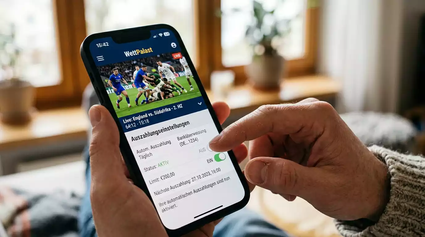 Hand stellt eine automatische Cash-Out-Schwelle in einer Wett-App ein