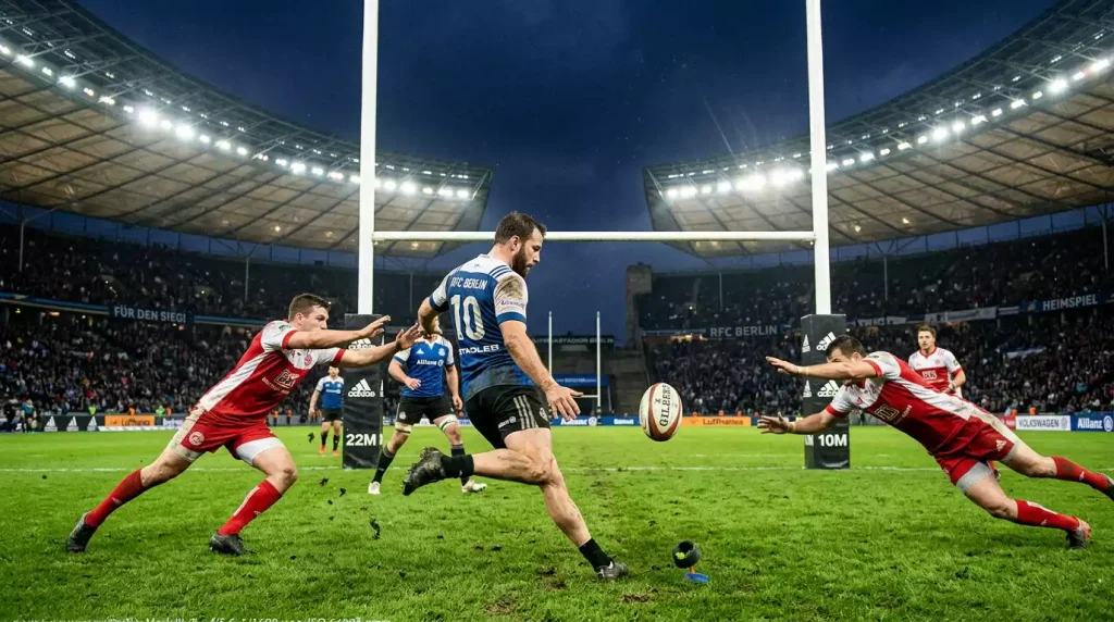 Spieler tritt ein Drop Goal in einem Rugbyspiel