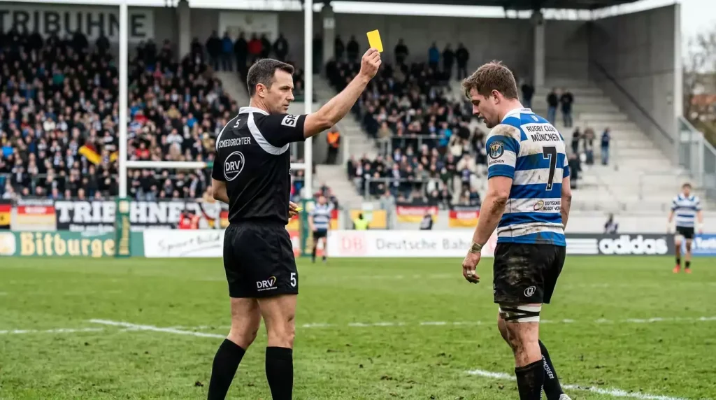 Schiedsrichter zeigt einem Rugbyspieler die Gelbe Karte