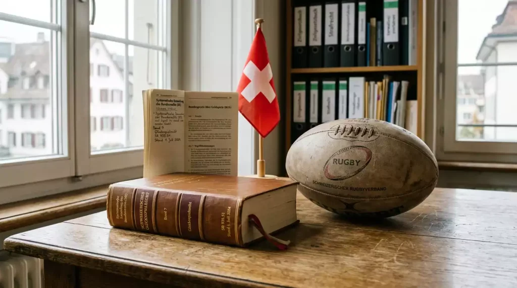 Schweizer Gesetzbuch und Rugbyball als Symbol für das Geldspielgesetz