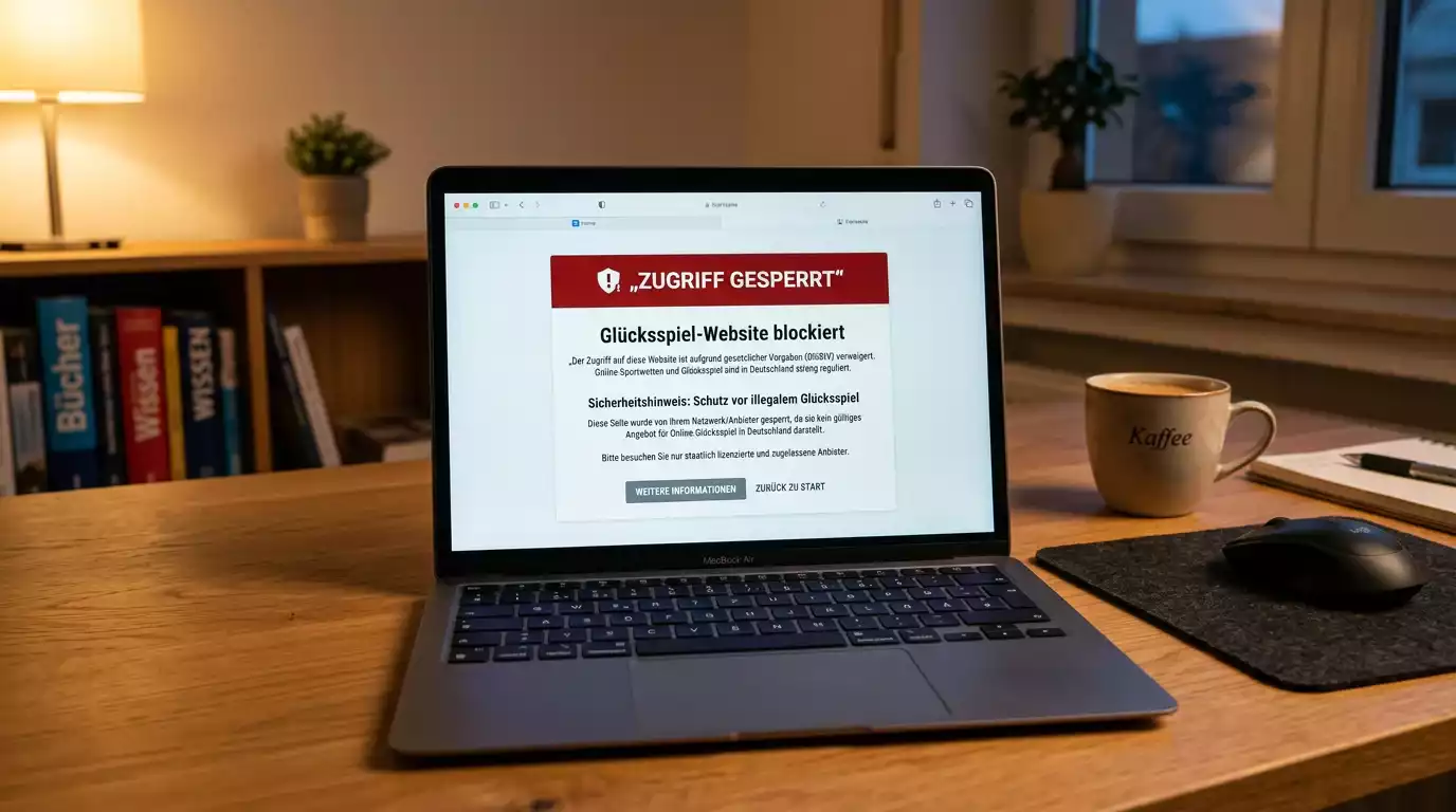 Laptop zeigt eine in der Schweiz gesperrte Wettseite mit Blockierhinweis