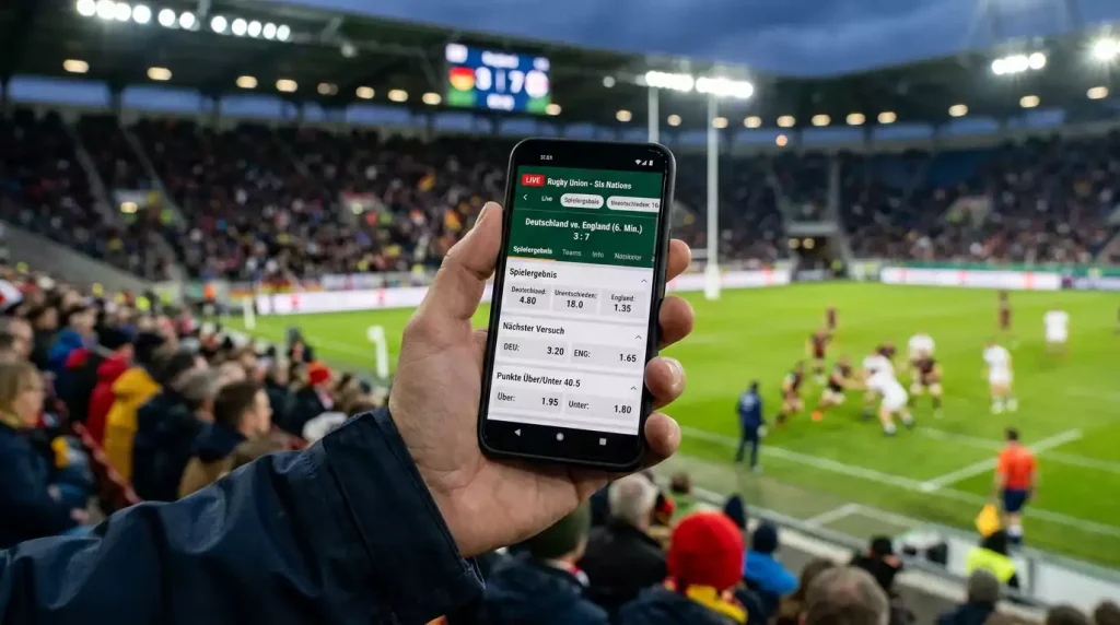Live-Quotenanzeige während eines laufenden Rugby-Union-Spiels mit sich änderndem Spielstand