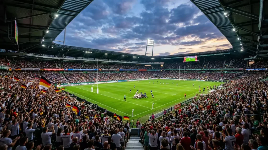 Voll besetztes Rugby-Stadion bei einem internationalen Turnierspiel unter Flutlicht