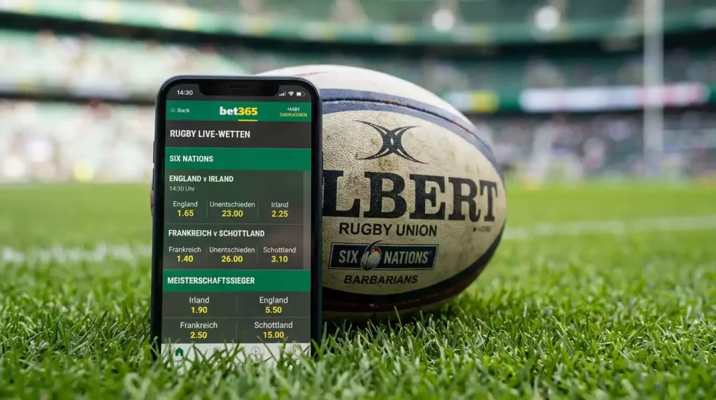 Dezimalquoten auf einer Wettanzeige neben einem Rugby-Ball auf grünem Rasen