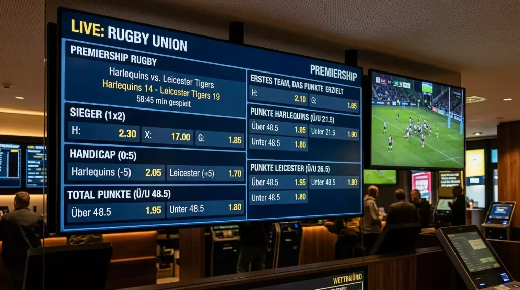 Digitale Anzeigetafel mit verschiedenen Rugby-Union-Wettmärkten während eines Spiels