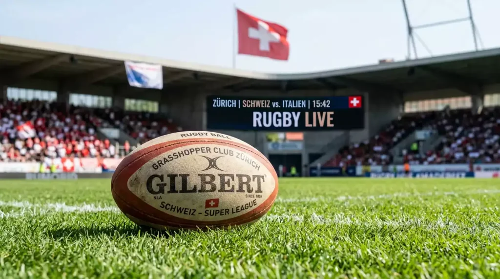 Rugby-Ball auf dem Rasen eines Schweizer Stadions mit Schweizer Fahne im Hintergrund