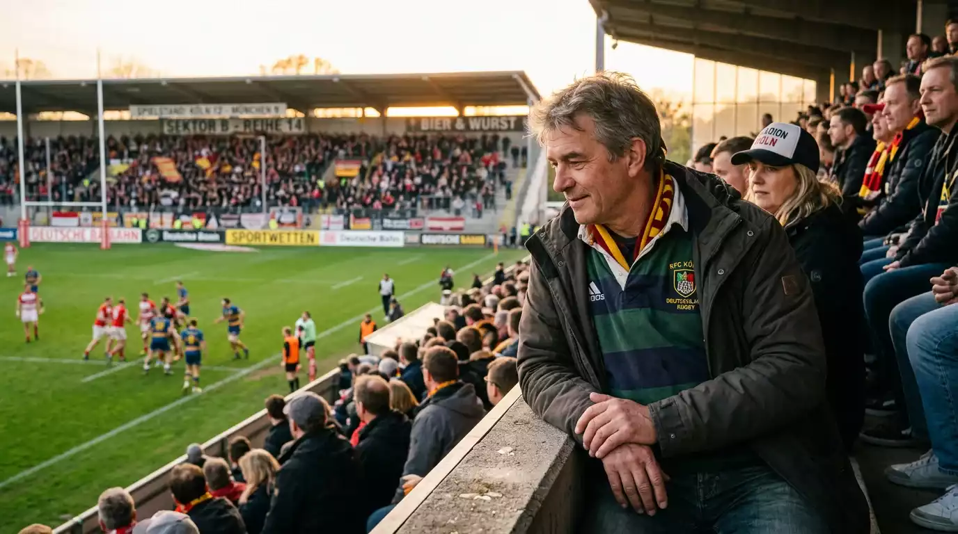 Ruhiger Zuschauer verfolgt ein Rugby-Spiel im Stadion und wartet auf den richtigen Moment
