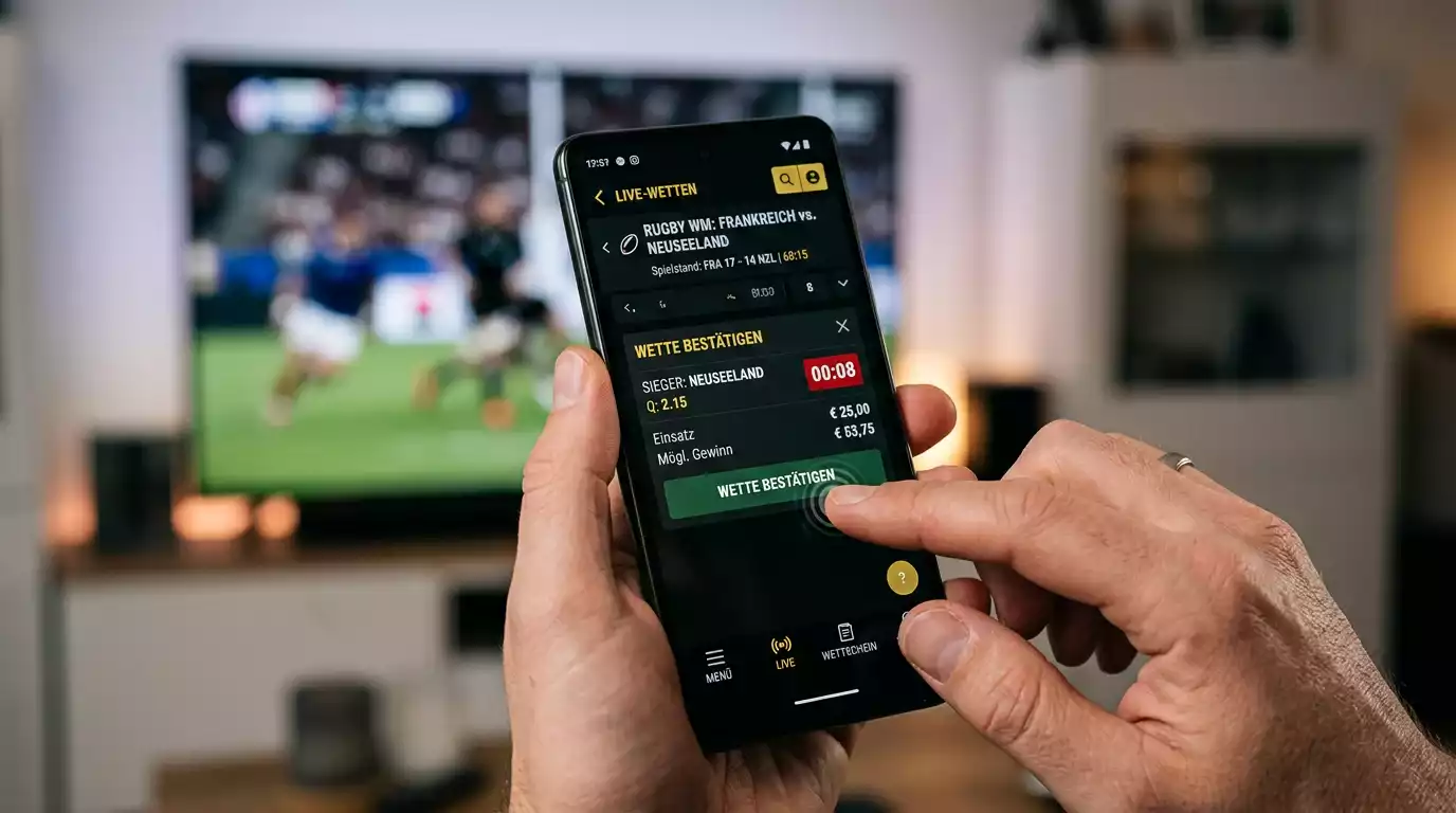 Hand am Smartphone bestätigt eine Live-Rugby-Wette mit eingeblendeter Sekundenanzeige