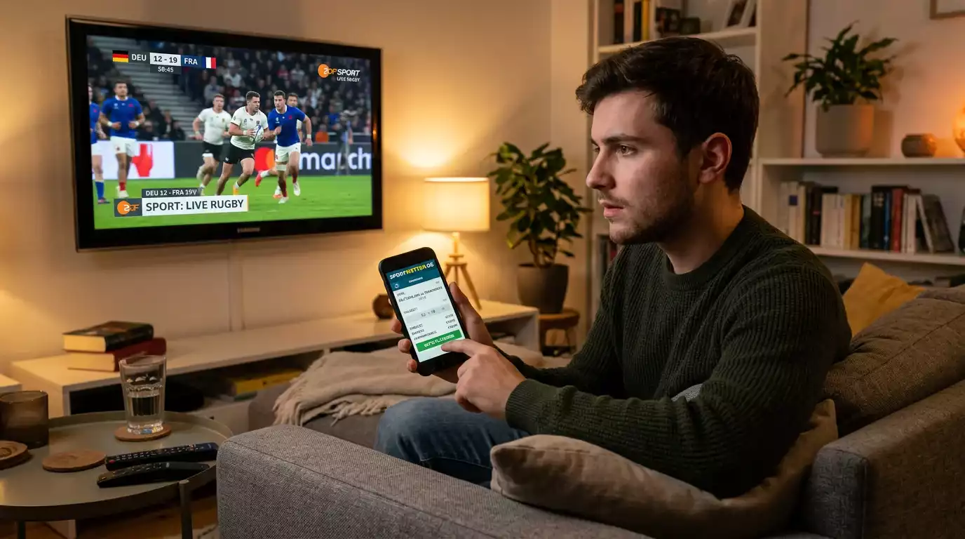 Konzentrierter Wettender beobachtet ein Rugby-Spiel auf einem Bildschirm und zögert vor der Wette