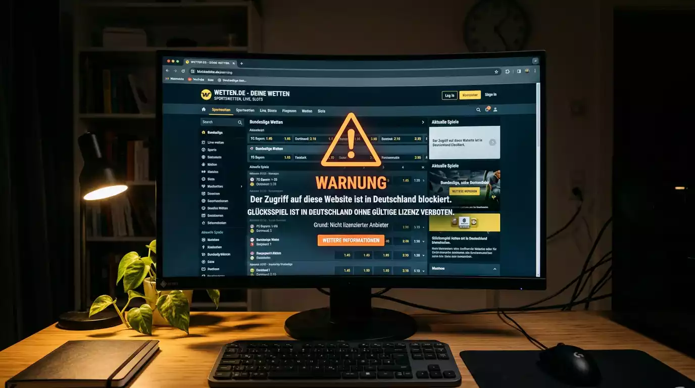 Warnsymbol auf einem Bildschirm vor einem nicht zugelassenen ausländischen Wettanbieter