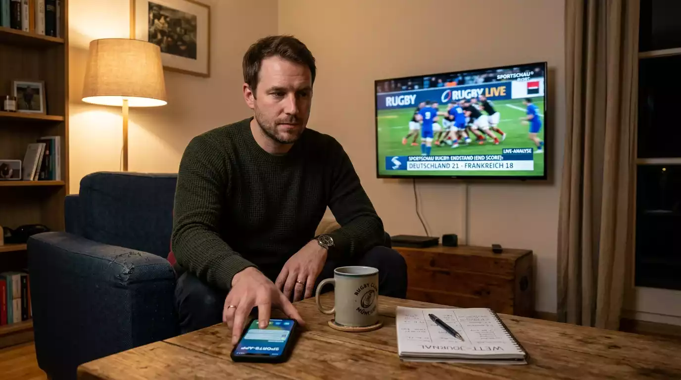 Nachdenklicher Rugbyfan legt das Smartphone beiseite