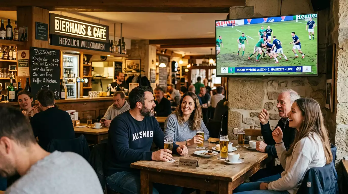 Gäste verfolgen Rugby in einem welschen Café