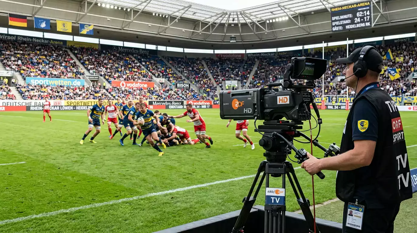 Übertragungskamera am Rand eines Rugbyfeldes