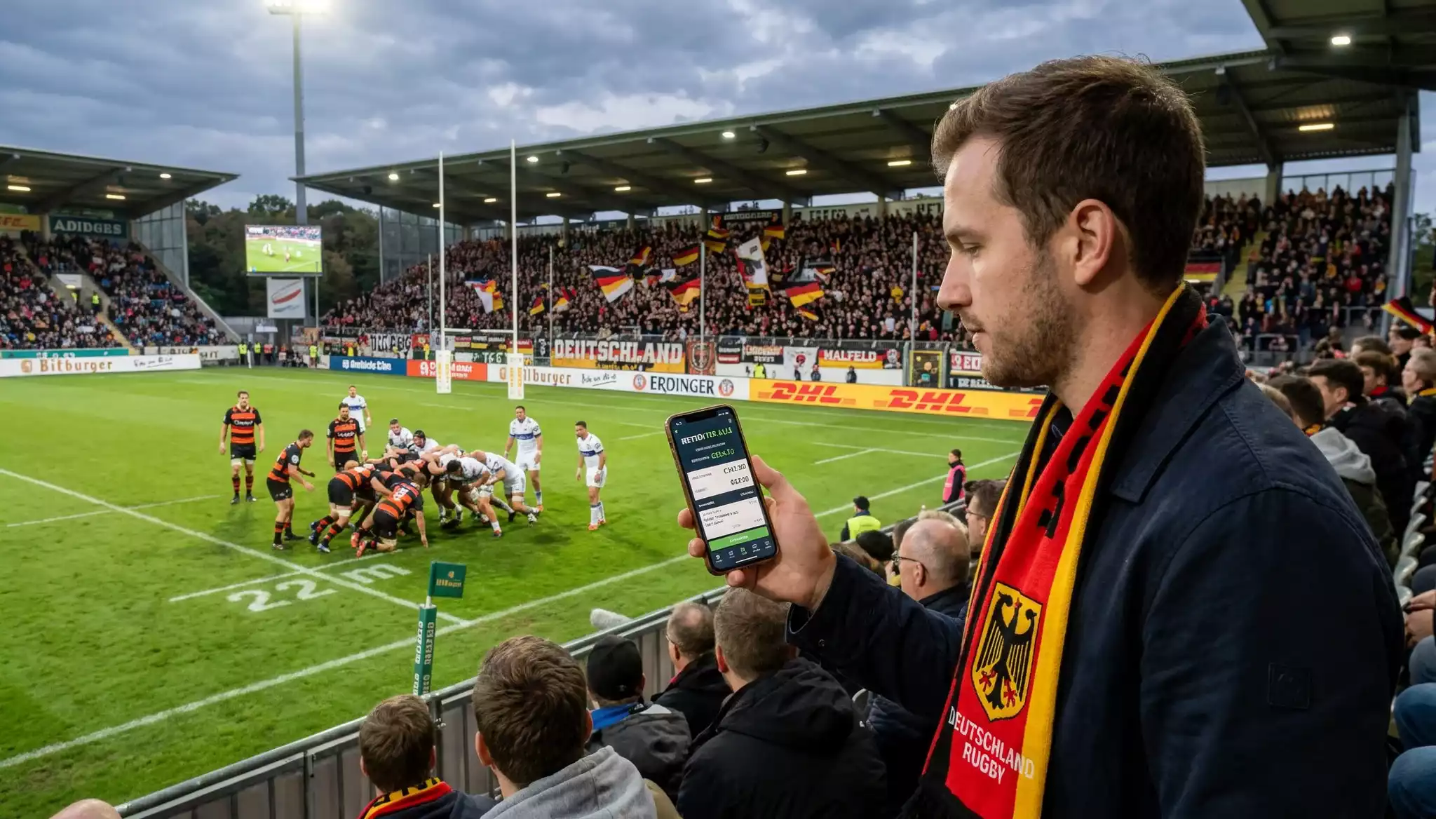 Zuschauer verfolgt ein Rugbyspiel im Stadion und prüft sein Wettkonto auf dem Handy