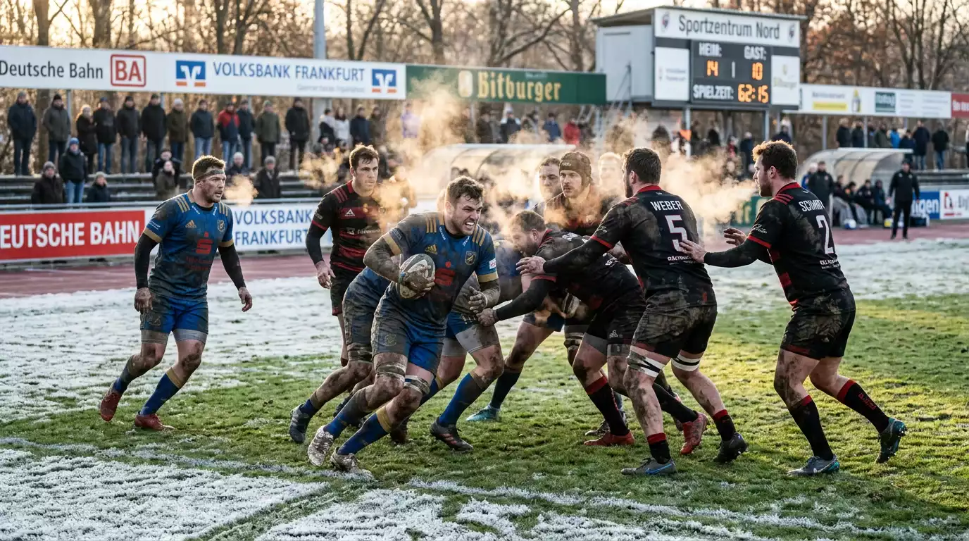 Rugbyspiel bei Kälte mit sichtbarem Atem