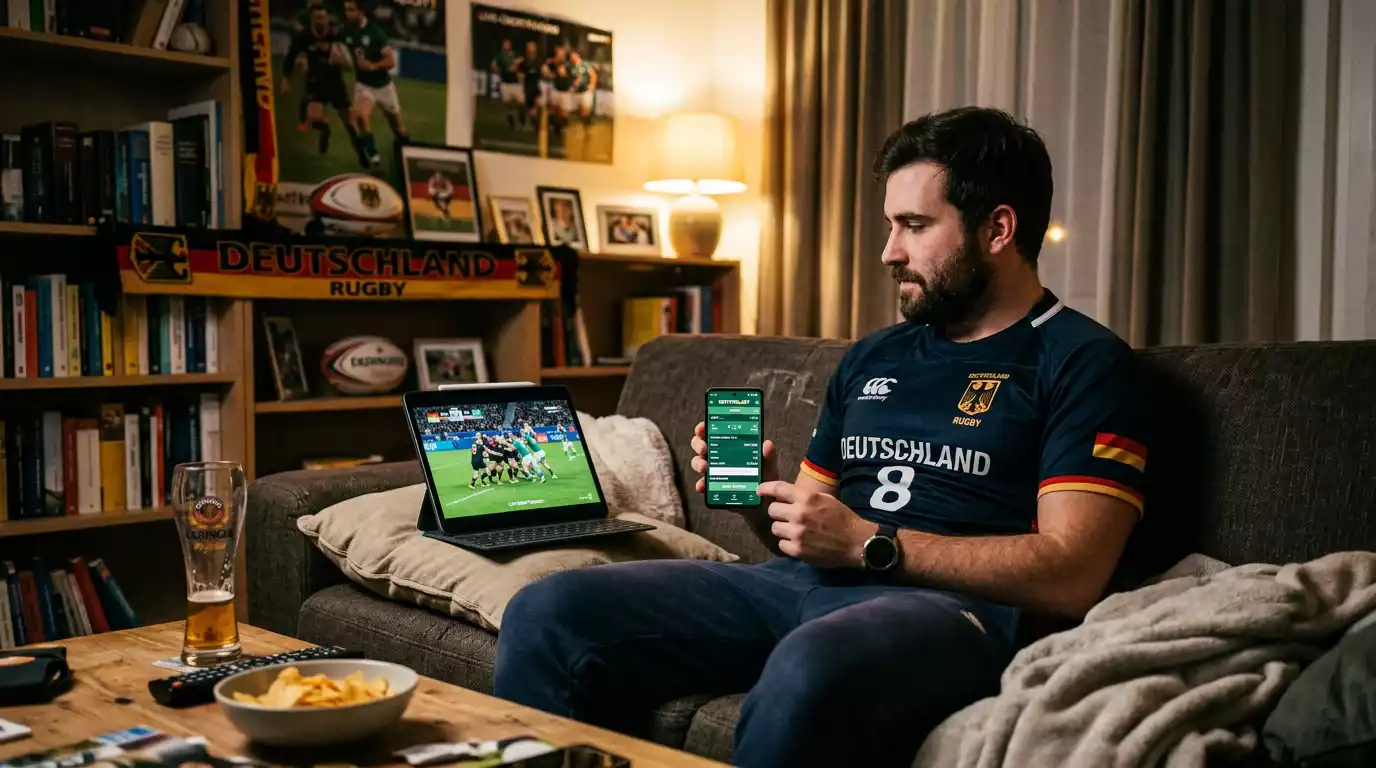 Fan verfolgt einen Rugby-Livestream und nutzt eine Wett-App