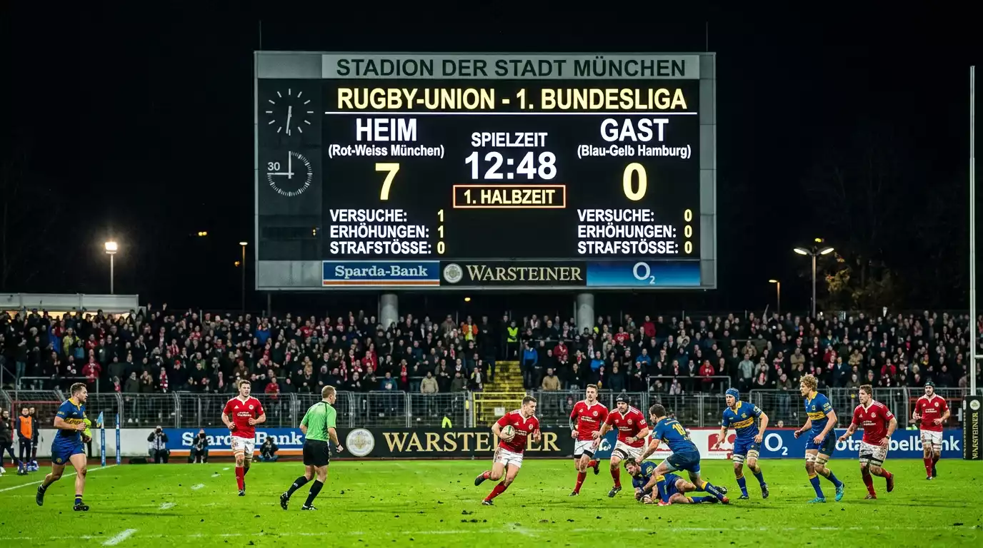 Anzeigetafel zeigt die ersten Punkte eines Rugbyspiels