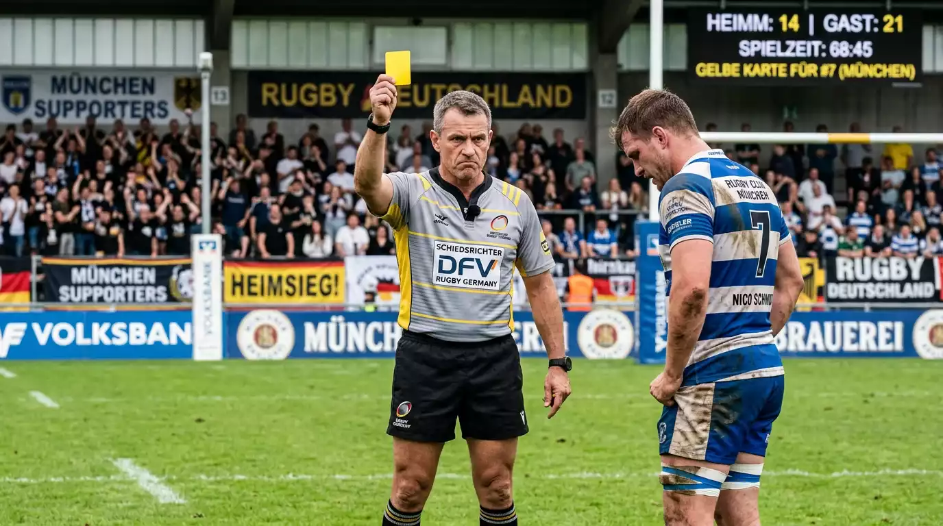 Schiedsrichter zeigt einem Rugby-Spieler die Gelbe Karte