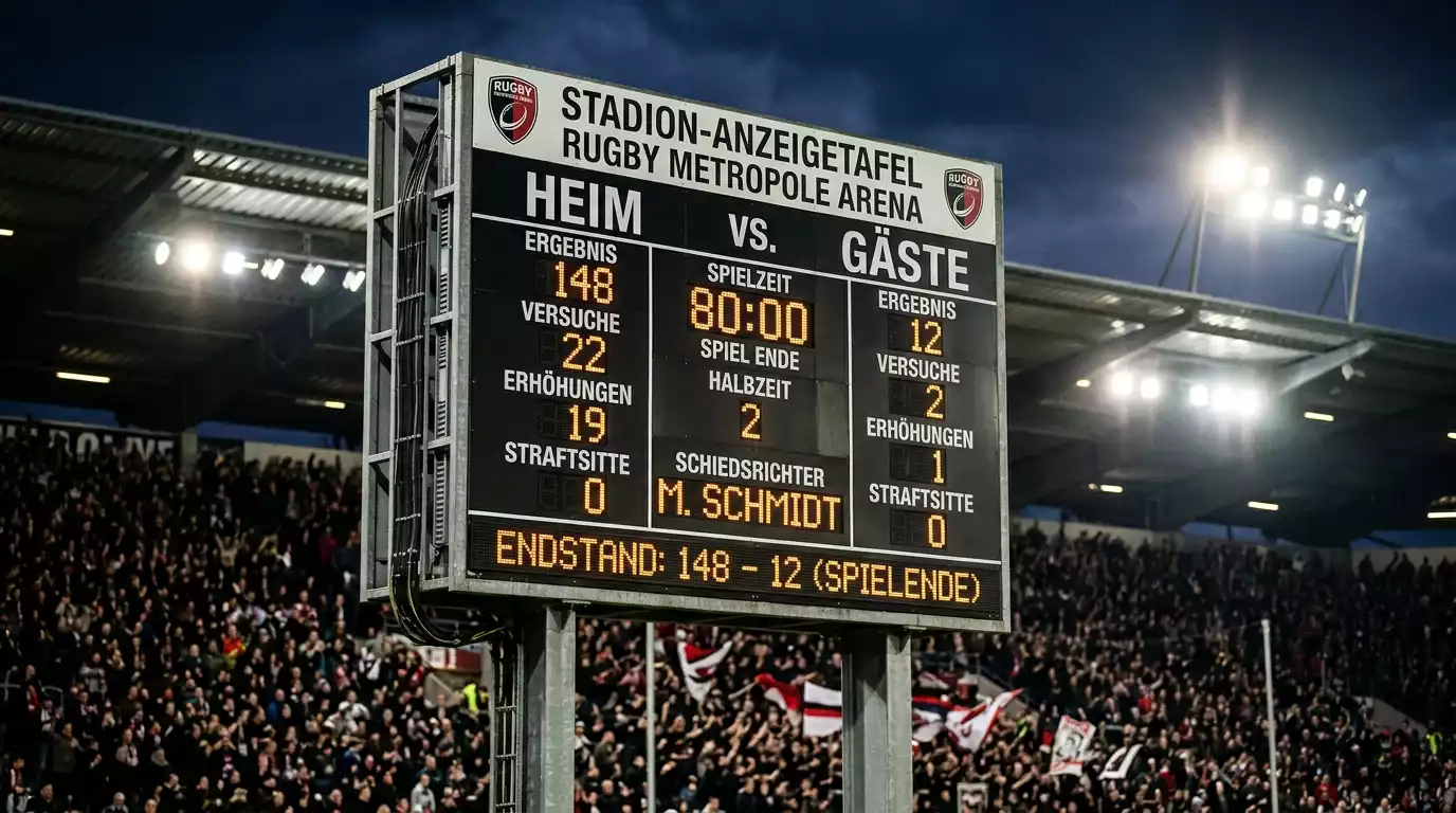 Anzeigetafel eines Rugby-Spiels mit hohem Punktestand und Versuchszählung
