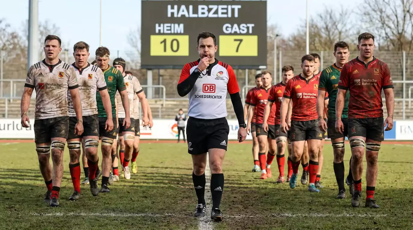 Schiedsrichter pfeift die Halbzeit eines Rugby-Spiels an der Mittellinie ab