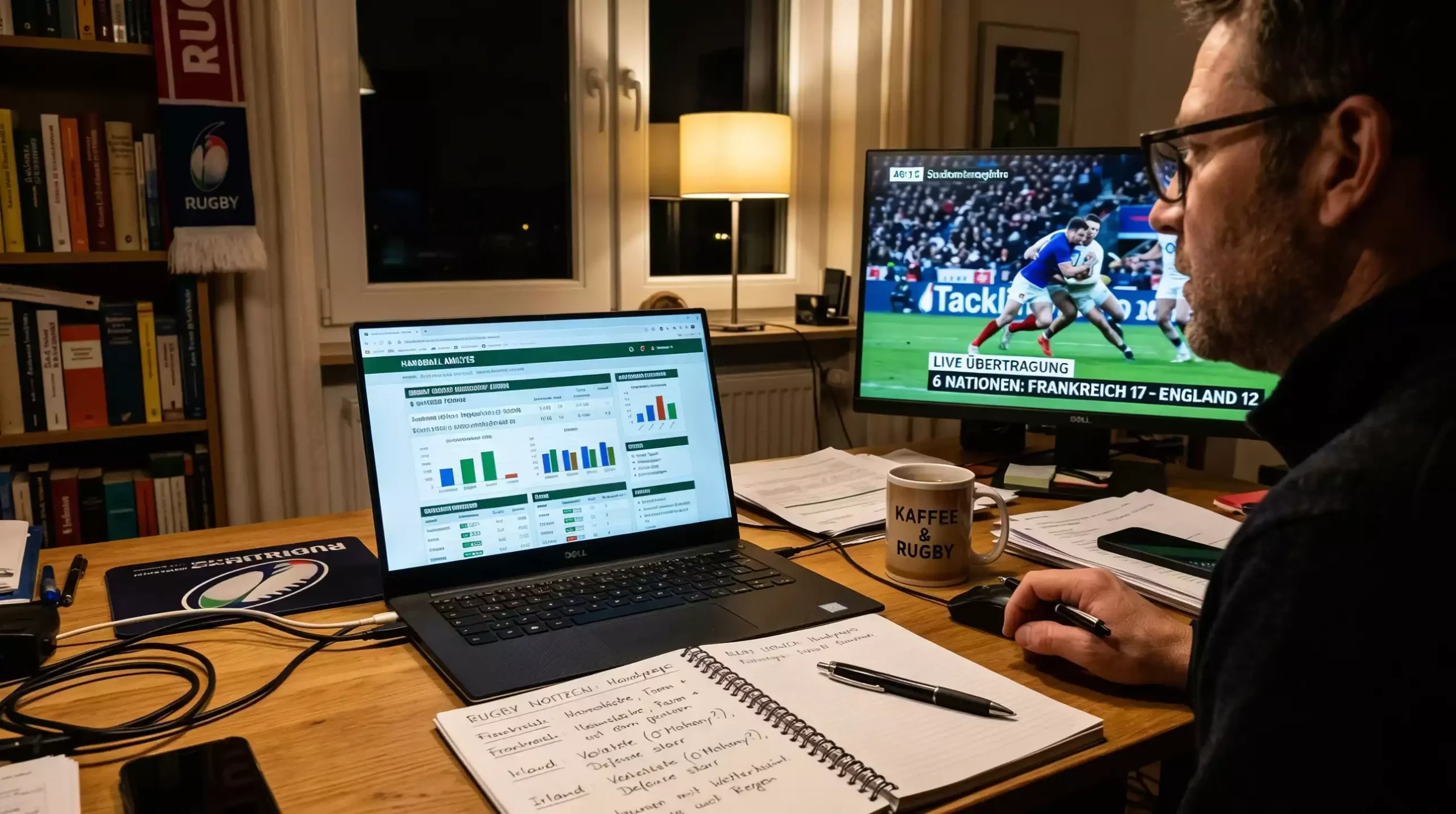 Tipper analysiert Handicap-Linien für ein Rugbyspiel am Laptop