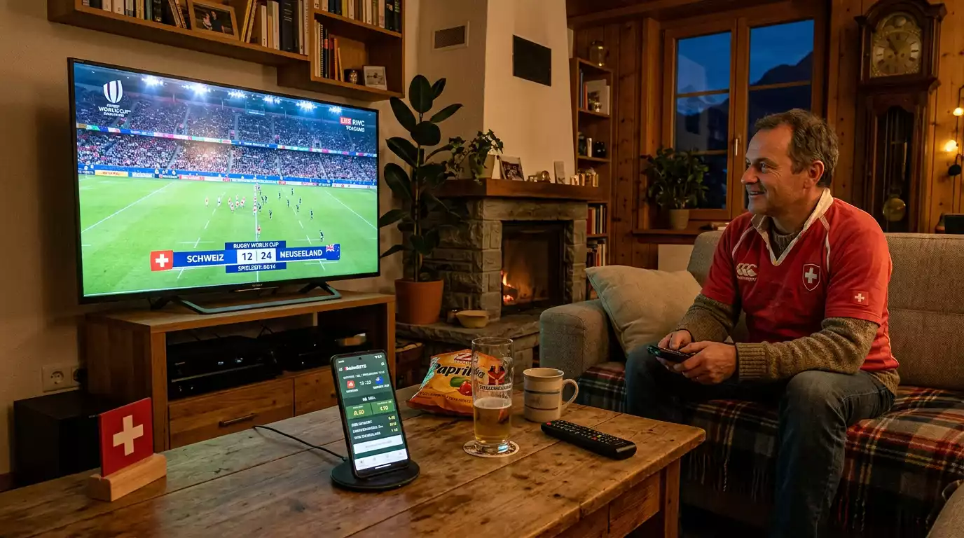 Rugbyspiel auf dem Bildschirm während des Wettens