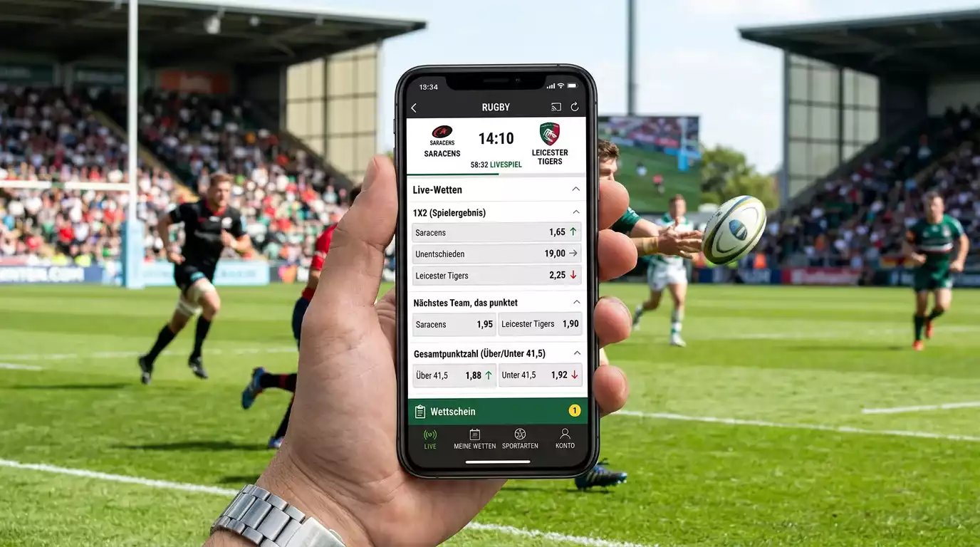 Live-Wettbildschirm eines Rugbyspiels mit laufenden Quoten