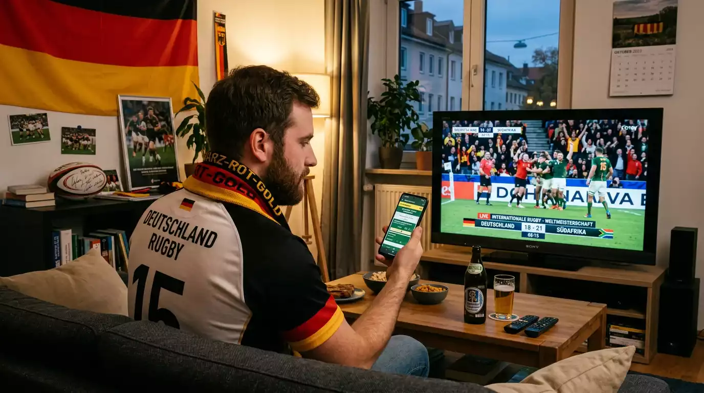 Fan verfolgt ein Nationenspiel und nutzt Live-Wetten