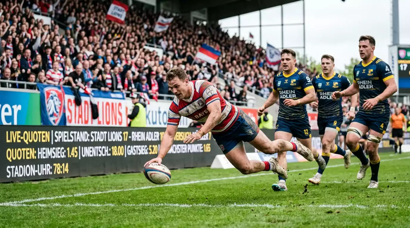 Rugby-Spieler legt einen Versuch, während im Vordergrund eine Live-Quote in Stufen springt