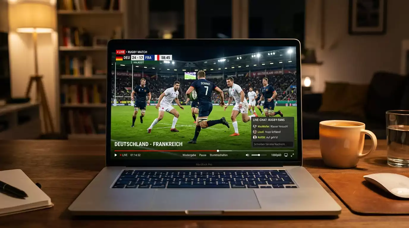 Livestream eines Rugbyspiels auf dem Laptop