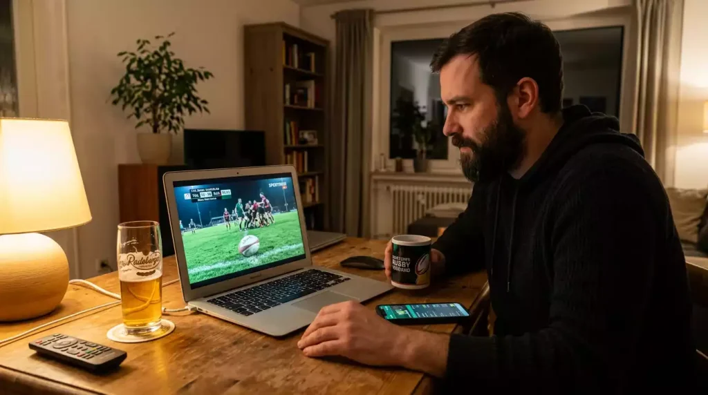 Rugbyspiel als Livestream auf einem Bildschirm verfolgt