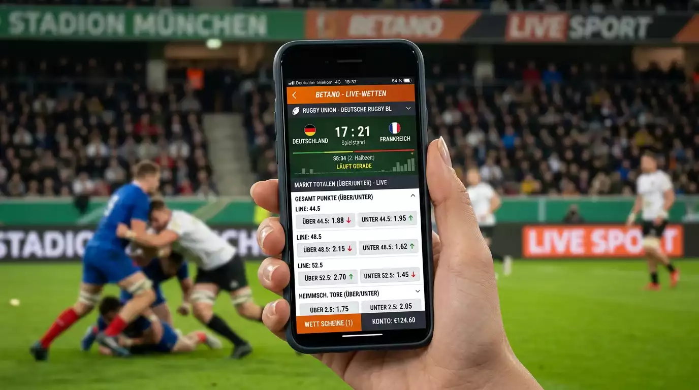 Live-Wettanzeige mit Over-Under-Linie für ein Rugbyspiel