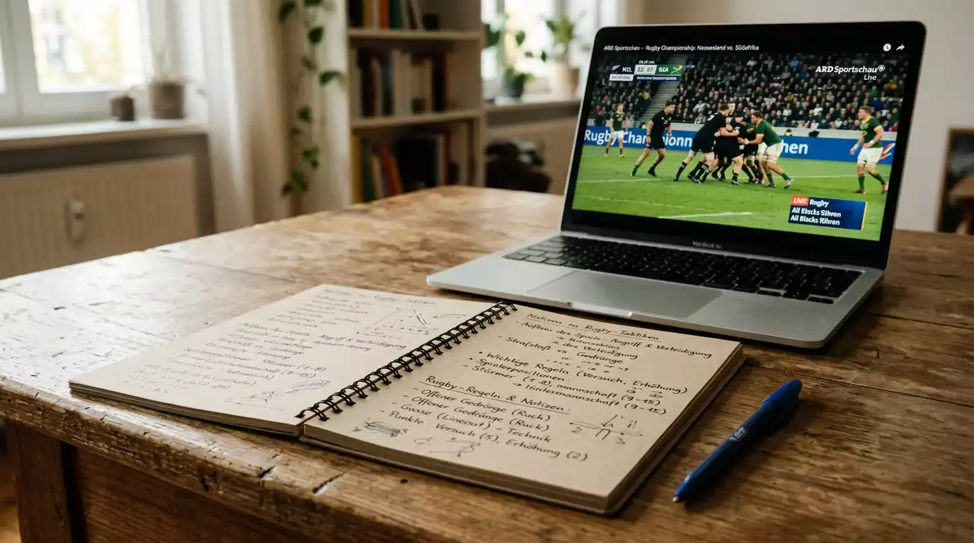 Notizblock mit handschriftlichen Quotennotizen vor einem laufenden Rugby-Spiel