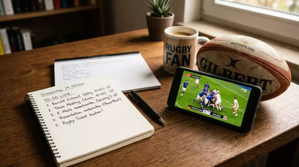 Checkliste und Smartphone vor einer Live-Rugby-Wette