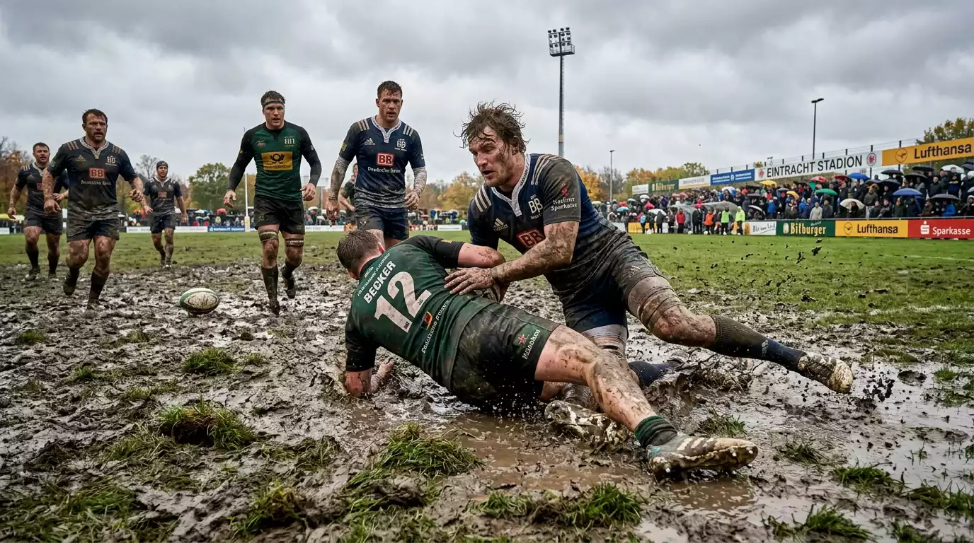 Schweres, schlammiges Rugbyspielfeld