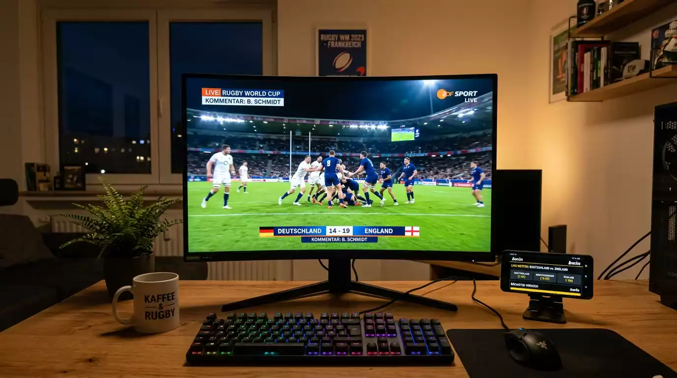 Aufbau mit mehreren Bildschirmen für Live-Rugby