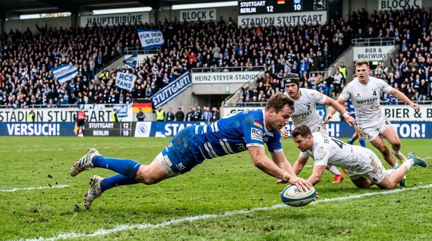 Rugbyspieler legt einen Versuch im Malfeld ab