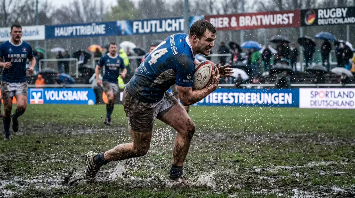 Spieler kämpft mit dem nassen Ball im Regen
