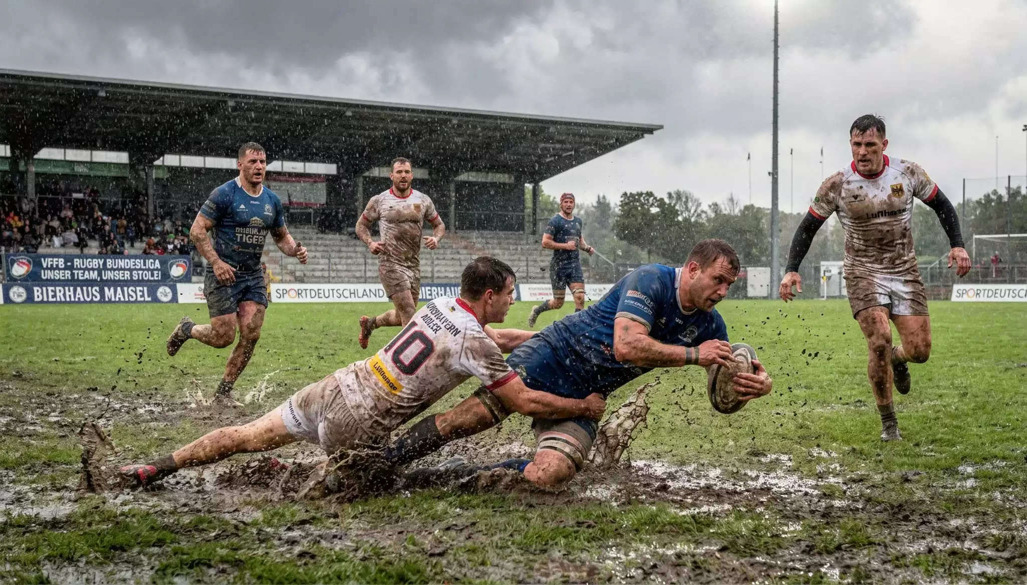 Rugbyspiel auf nassem, regnerischem Spielfeld
