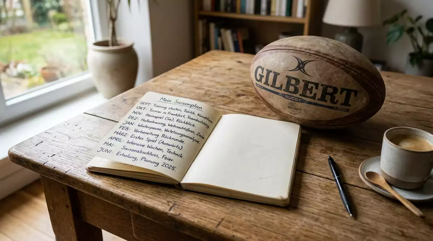 Aufgeschlagener Notizblock mit Saisonplanung für Rugby-Wetten neben einem Rugby-Ball
