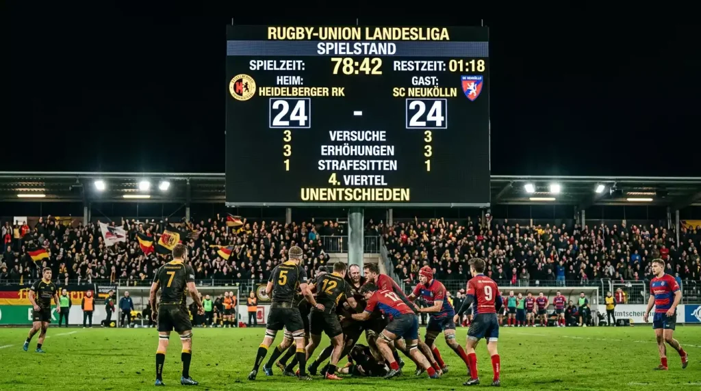 Anzeigetafel mit ausgeglichenem Spielstand in einem Rugbyspiel